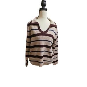Zenana 100% Cotton Ribbed Striped Collared V-neck Sweater -S - Beige Brown Navy